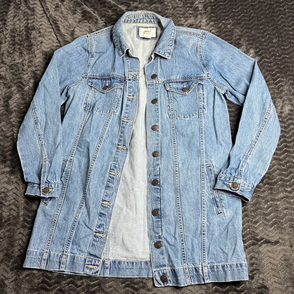 Forever 21 Women Denim Jacket Long Sleeve Full Button Blue Size M